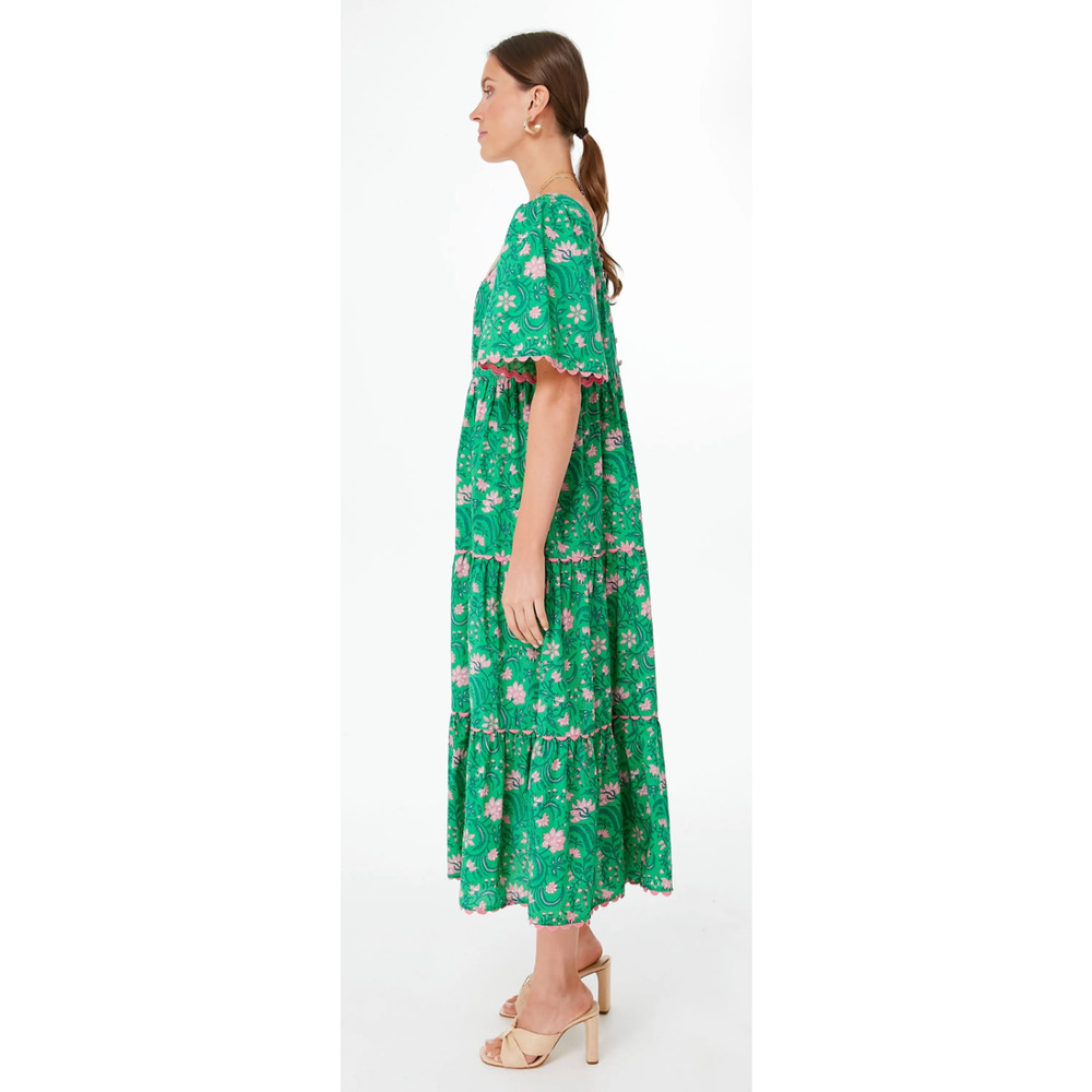 Pink City Prints Tuckernuck Green Forest Rose Maisie Midi Block Print Dress XS - Picture 4 of 11